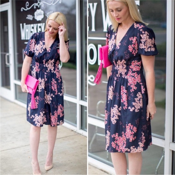 Rebecca Taylor Phlox Dress Silk Cherry Blossom Navy Pink Puff Sleeve V Neck - Picture 4 of 9